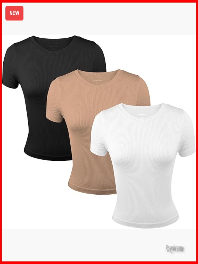3 Pack Ribbed Crewneck Short Sleeve Workout Tees For Women